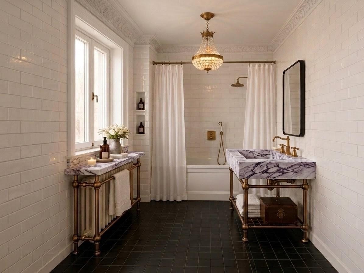 Lilac  Marble Sink Vanity, Bronze Brass Legs, Radiator Cover, Shower Rail Set