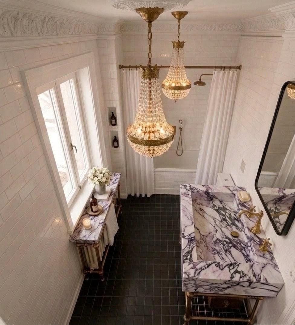 Lilac  Marble Sink Vanity, Bronze Brass Legs, Radiator Cover, Shower Rail Set