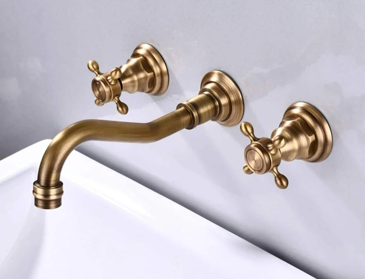 Antique Brass Solid Brass Sink Faucet, Cross Handle Vanity Mixer (Deck/Wall Mount)