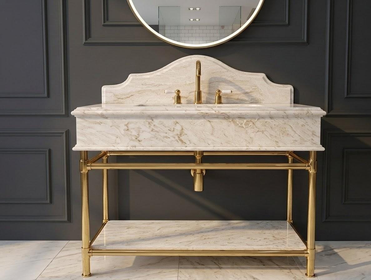 Handcrafted Diana Royal Marble Vanity Sink, Brass Legs, French Provincial Style