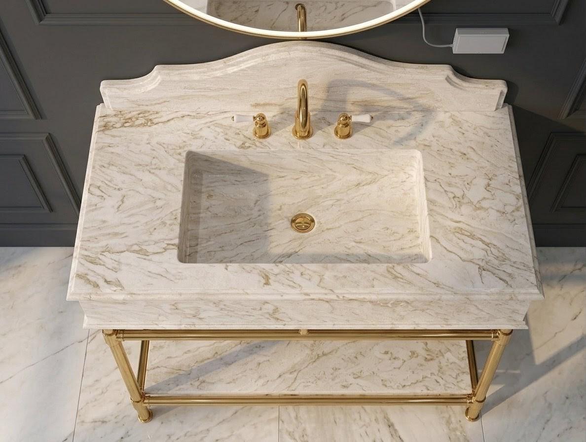 Handcrafted Diana Royal Marble Vanity Sink, Brass Legs, French Provincial Style