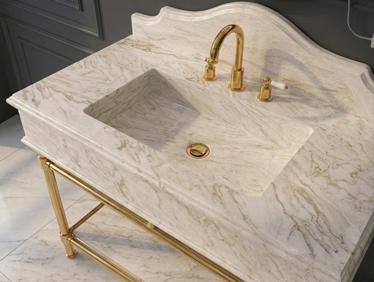 Handcrafted Diana Royal Marble Vanity Sink, Brass Legs, French Provincial Style