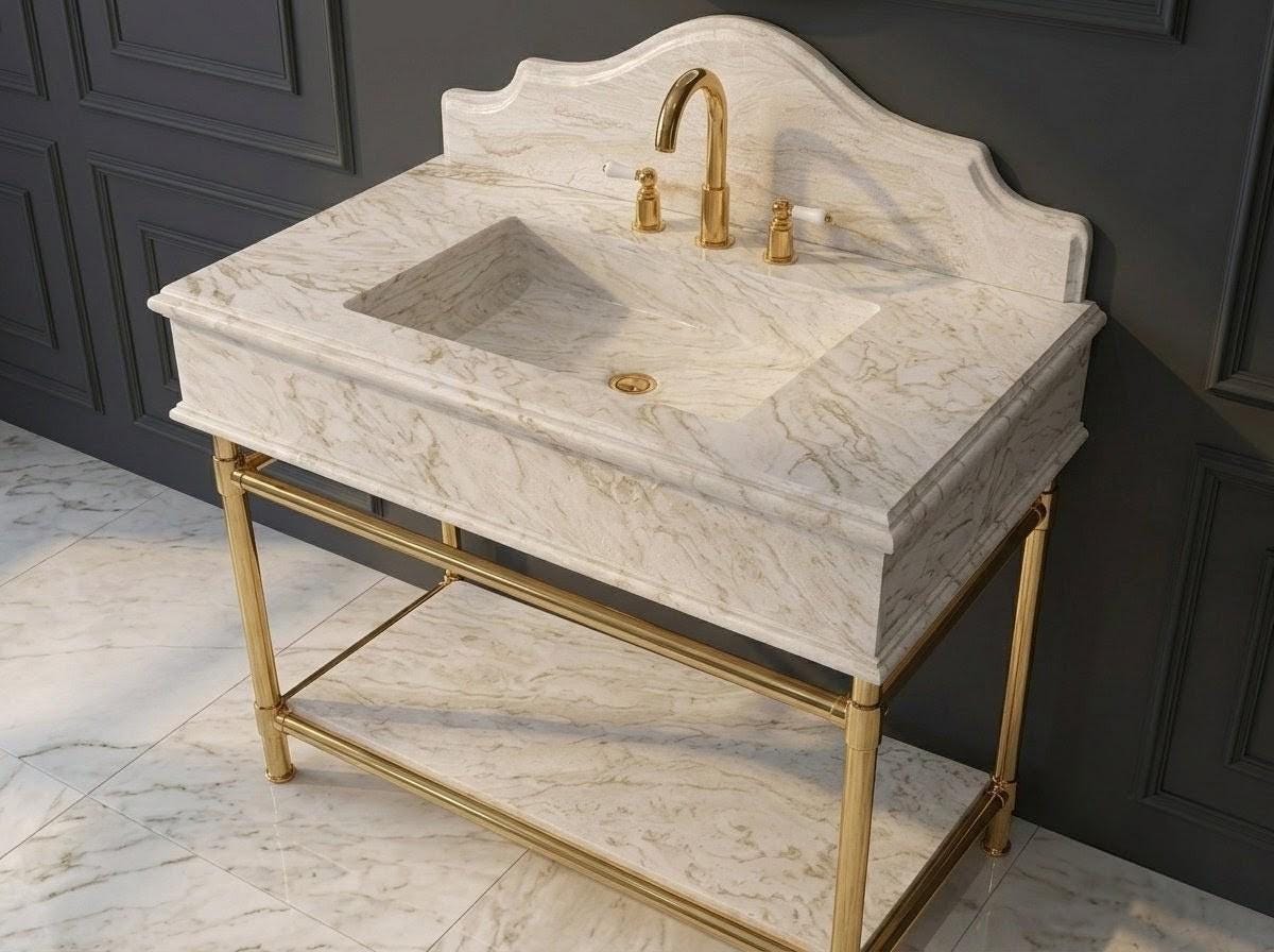 Handcrafted Diana Royal Marble Vanity Sink, Brass Legs, French Provincial Style