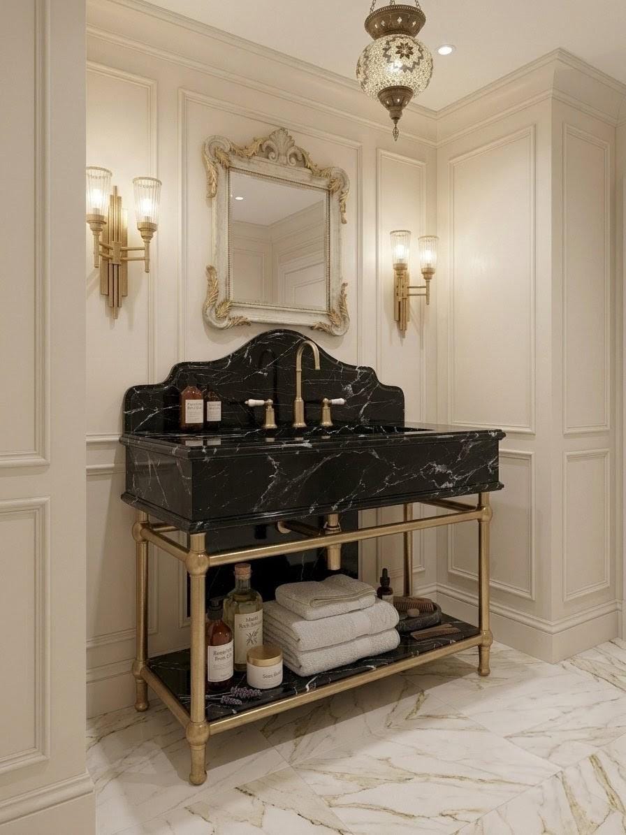 Handcrafted Black Marble Vanity Sink with Custom Console Stand (Brass or Gold Legs)