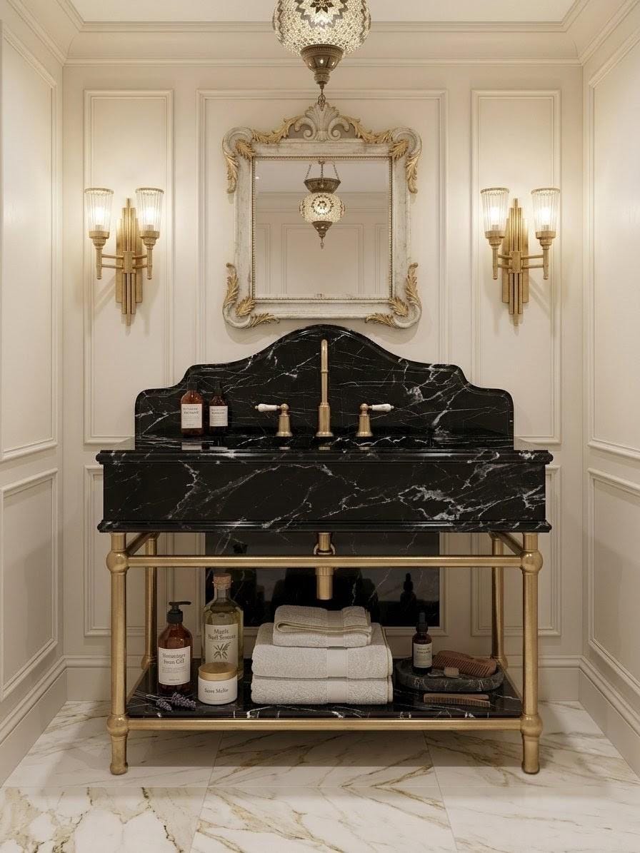 Handcrafted Black Marble Vanity Sink with Custom Console Stand (Brass or Gold Legs)