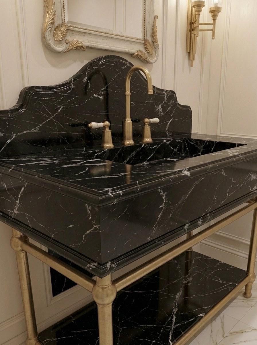 Handcrafted Black Marble Vanity Sink with Custom Console Stand (Brass or Gold Legs)