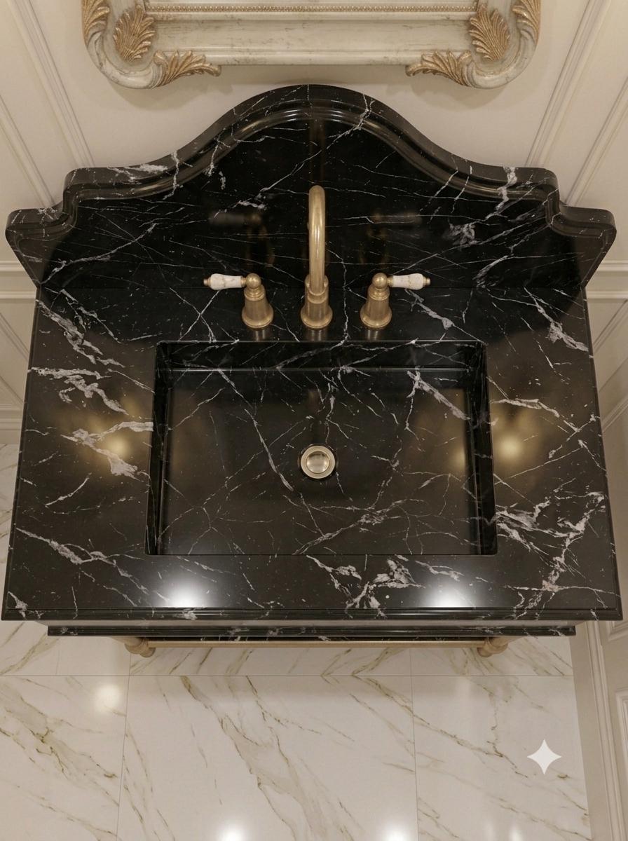 Handcrafted Black Marble Vanity Sink with Custom Console Stand (Brass or Gold Legs)