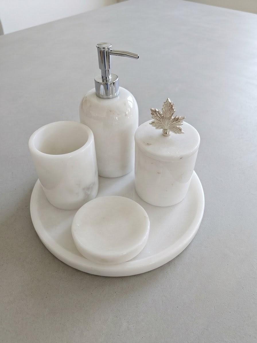 Hand-Carved White Marble Bathroom Accessories Set – 6 Piece Modern Decor