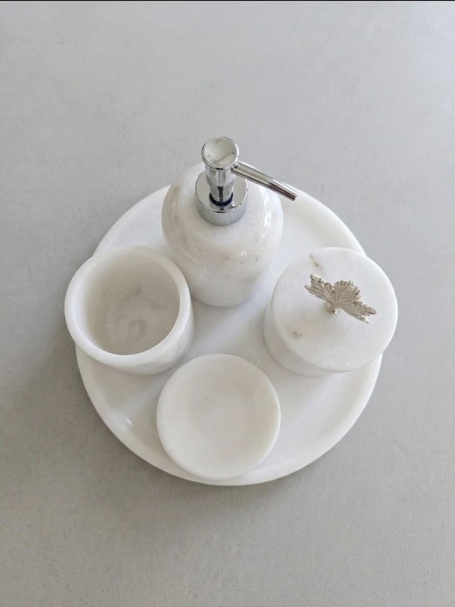 Hand-Carved White Marble Bathroom Accessories Set – 6 Piece Modern Decor