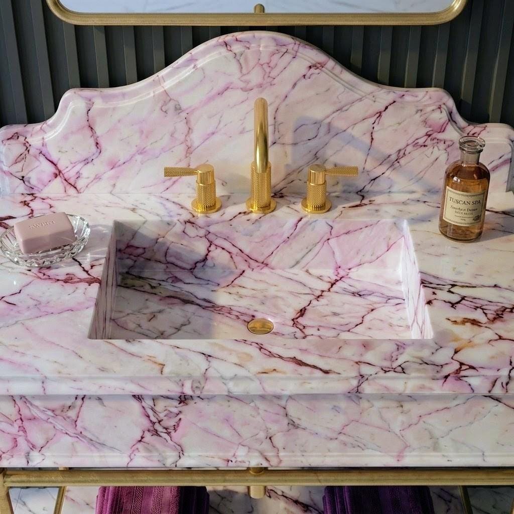 Lilac Marble Vanity Sink with Brass Console Stand | Custom Crescent Backsplash