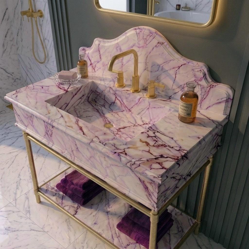 Lilac Marble Vanity Sink with Brass Console Stand | Custom Crescent Backsplash