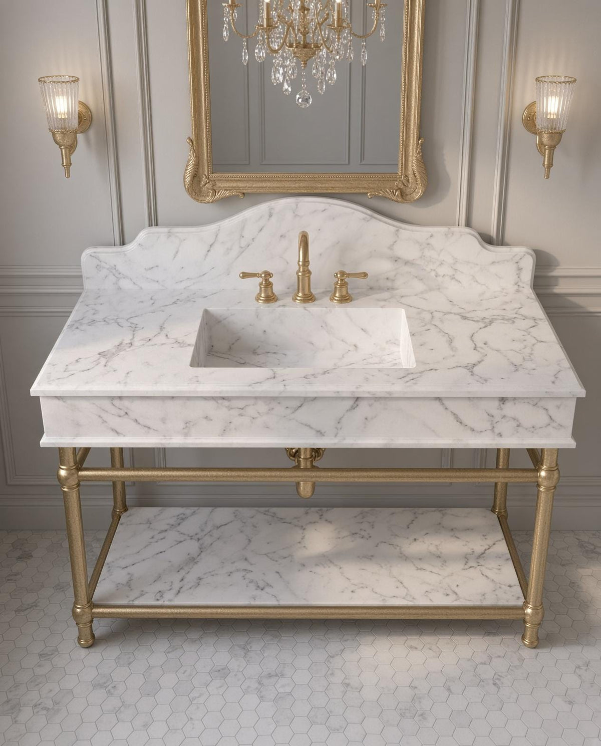 Calacatta White Marble Console Sink, Brass Stand, Luxury Vanity with Shelf