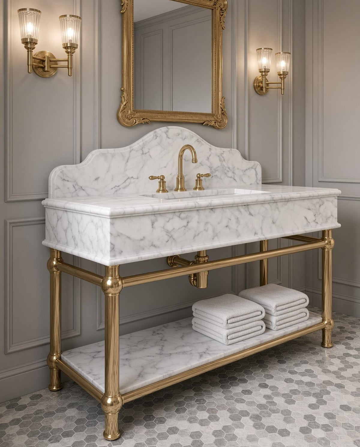 Calacatta White Marble Console Sink, Brass Stand, Luxury Vanity with Shelf