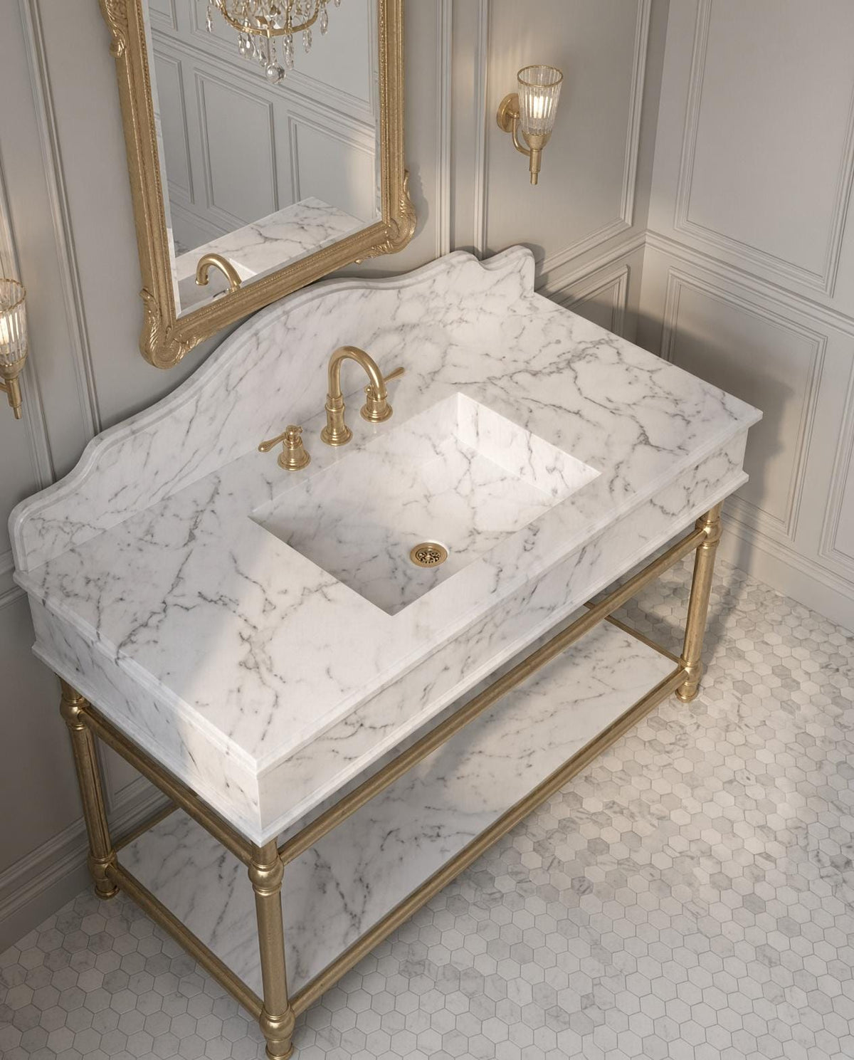 Calacatta White Marble Console Sink, Brass Stand, Luxury Vanity with Shelf
