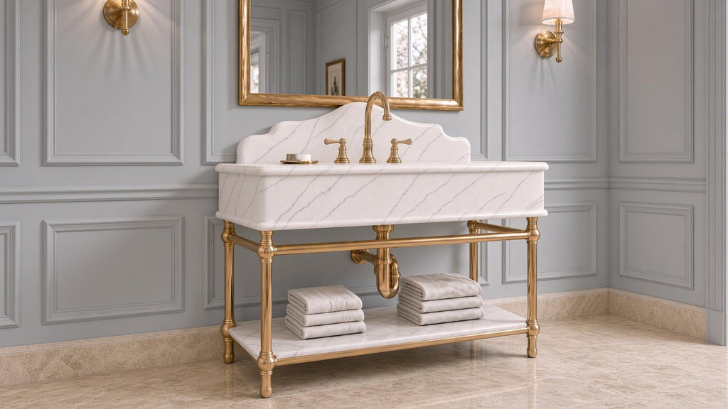 Calacatta New York Marble Console Vanity | Gold Brass Stand | Luxury Bathroom Sink