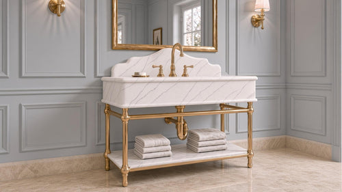 Calacatta New York Marble Console Vanity | Gold Brass Stand | Luxury Bathroom Sink