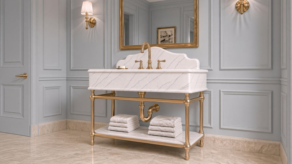 Calacatta New York Marble Console Vanity | Gold Brass Stand | Luxury Bathroom Sink