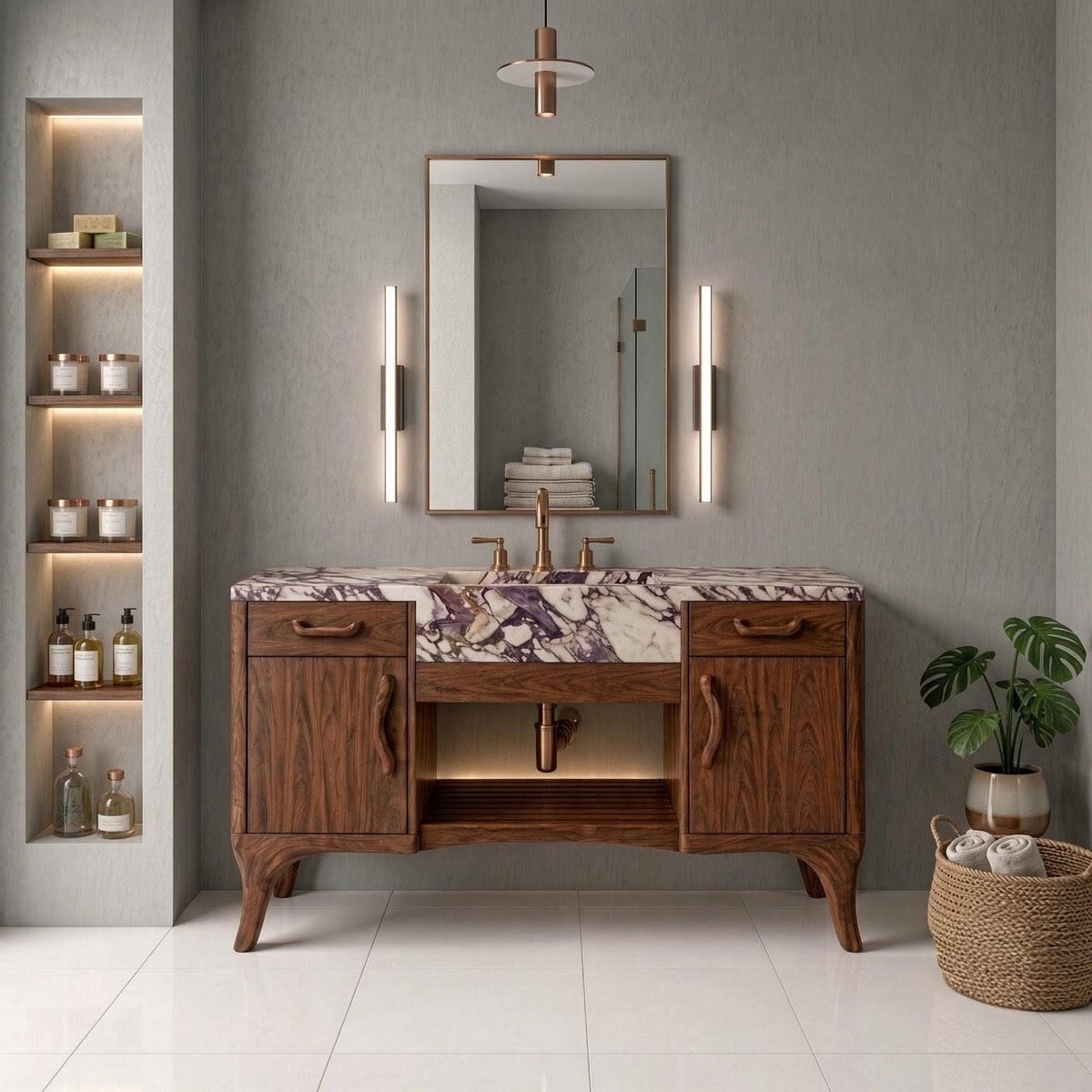 Calacatta Viola Marble Vanity | Solid Iroko Wood, Integrated Sink, Carved Pulls