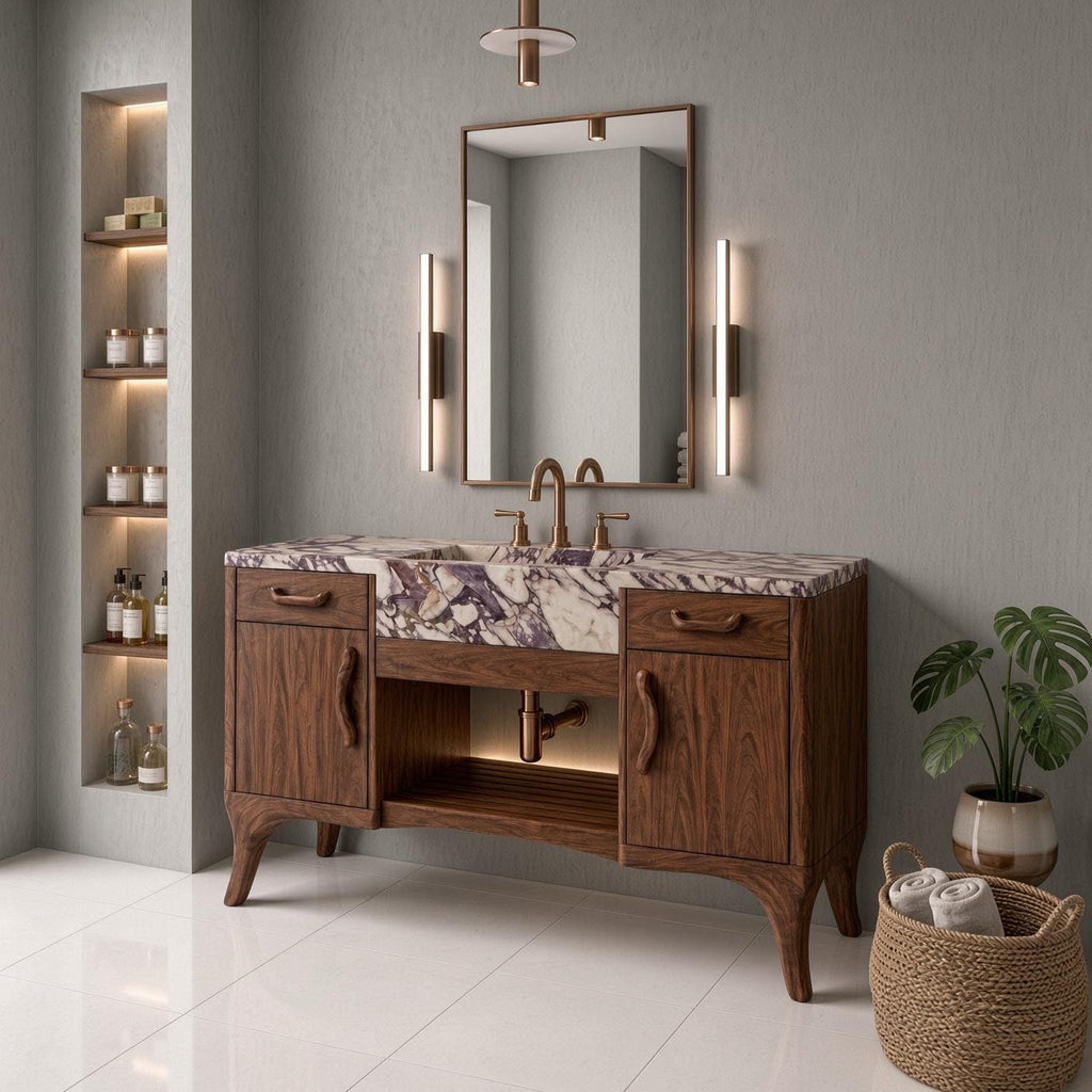 Calacatta Viola Marble Vanity | Solid Iroko Wood, Integrated Sink, Carved Pulls