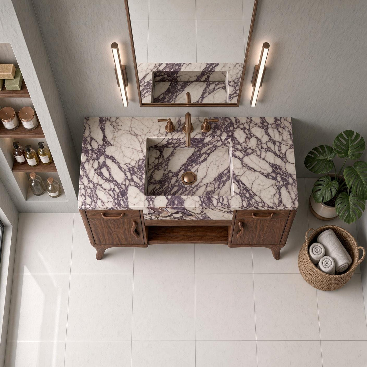 Calacatta Viola Marble Vanity | Solid Iroko Wood, Integrated Sink, Carved Pulls