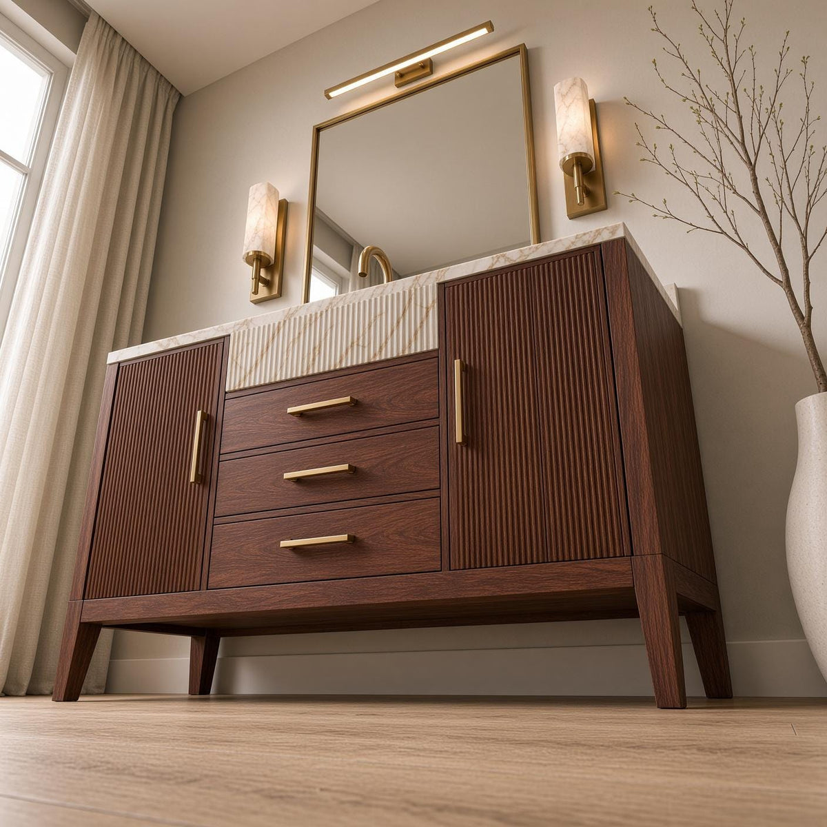 Calacatta Gold Marble Bathroom Vanity with Sink | Solid Mahogany Fluted Cabinet | Gold Hardware