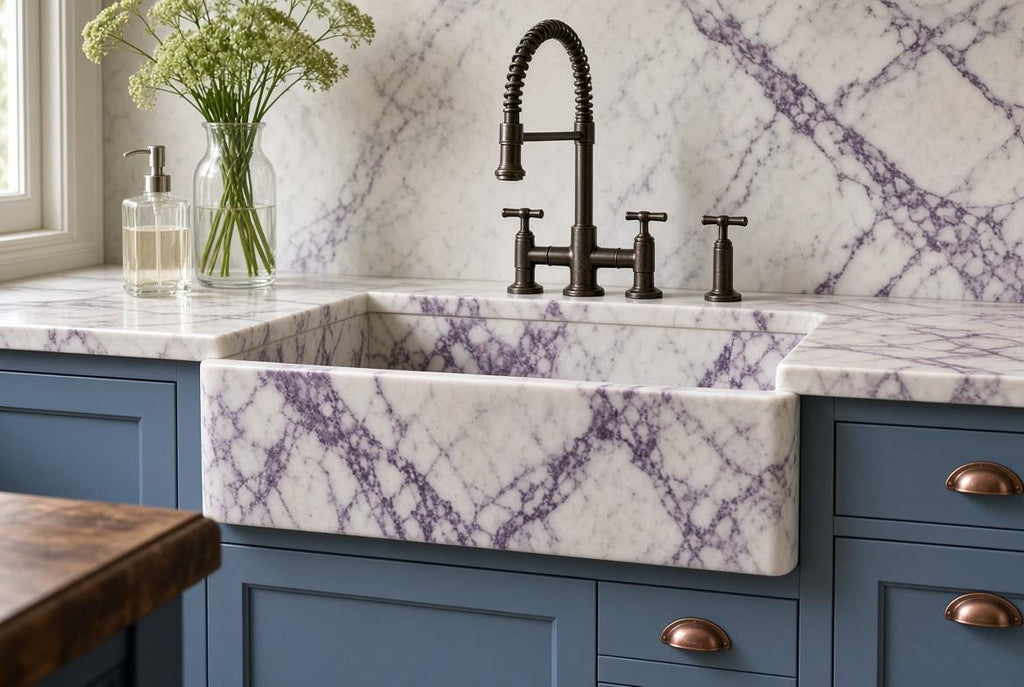 Calacatta Viola Marble Farmhouse Sink 33 Inch Apron Front Kitchen Sink Natural Stone