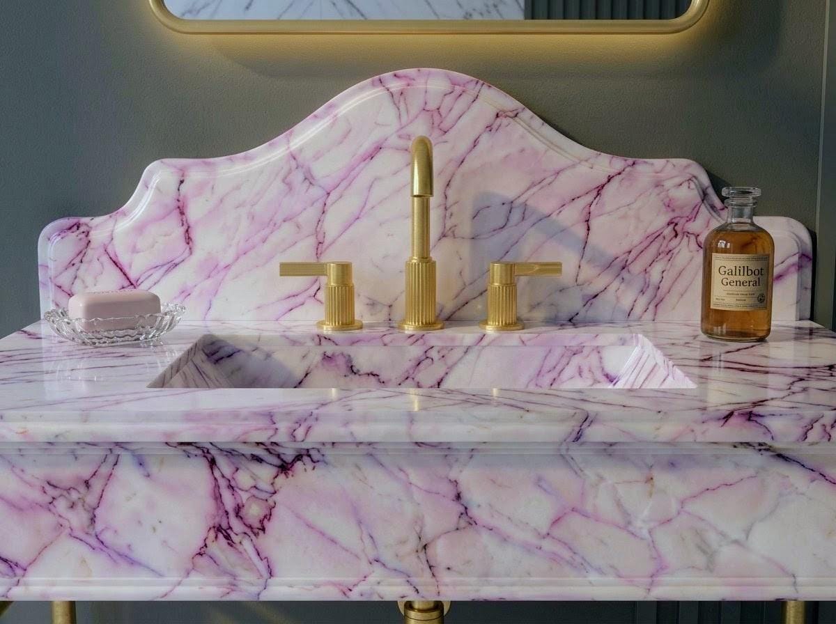Lilac Marble Vanity Sink with Brass Console Stand | Custom Crescent Backsplash