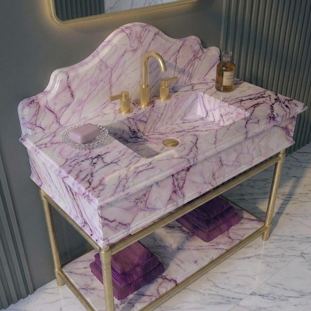 Lilac Marble Vanity Sink with Brass Console Stand | Custom Crescent Backsplash