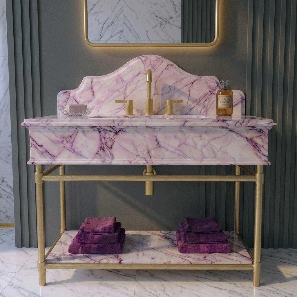 Lilac Marble Vanity Sink with Brass Console Stand | Custom Crescent Backsplash