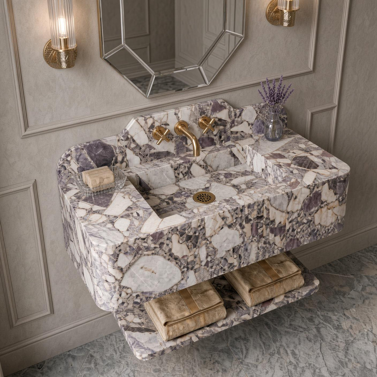 Calacatta Viola Breccia Marble Vanity | Wall-Mounted Sink, Backsplash, Shelf (Luxury Bathroom)