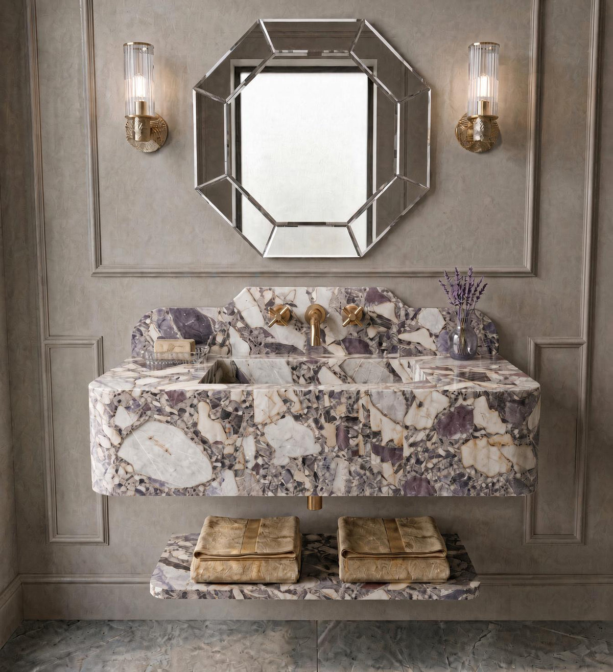 Calacatta Viola Breccia Marble Vanity | Wall-Mounted Sink, Backsplash, Shelf (Luxury Bathroom)