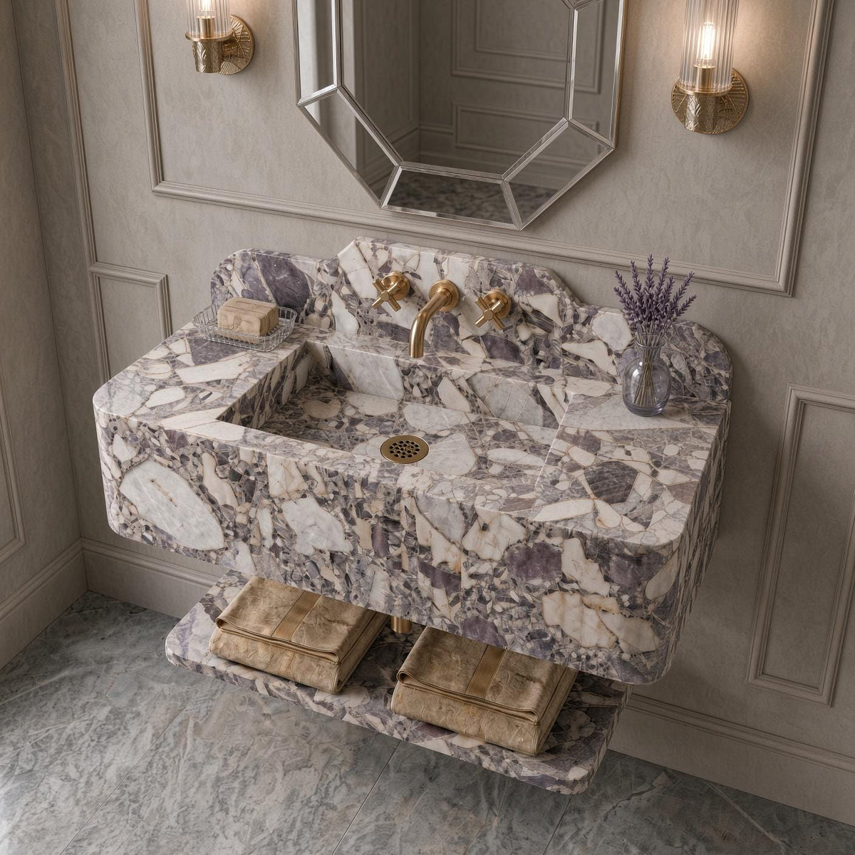 Calacatta Viola Breccia Marble Vanity | Wall-Mounted Sink, Backsplash, Shelf (Luxury Bathroom)