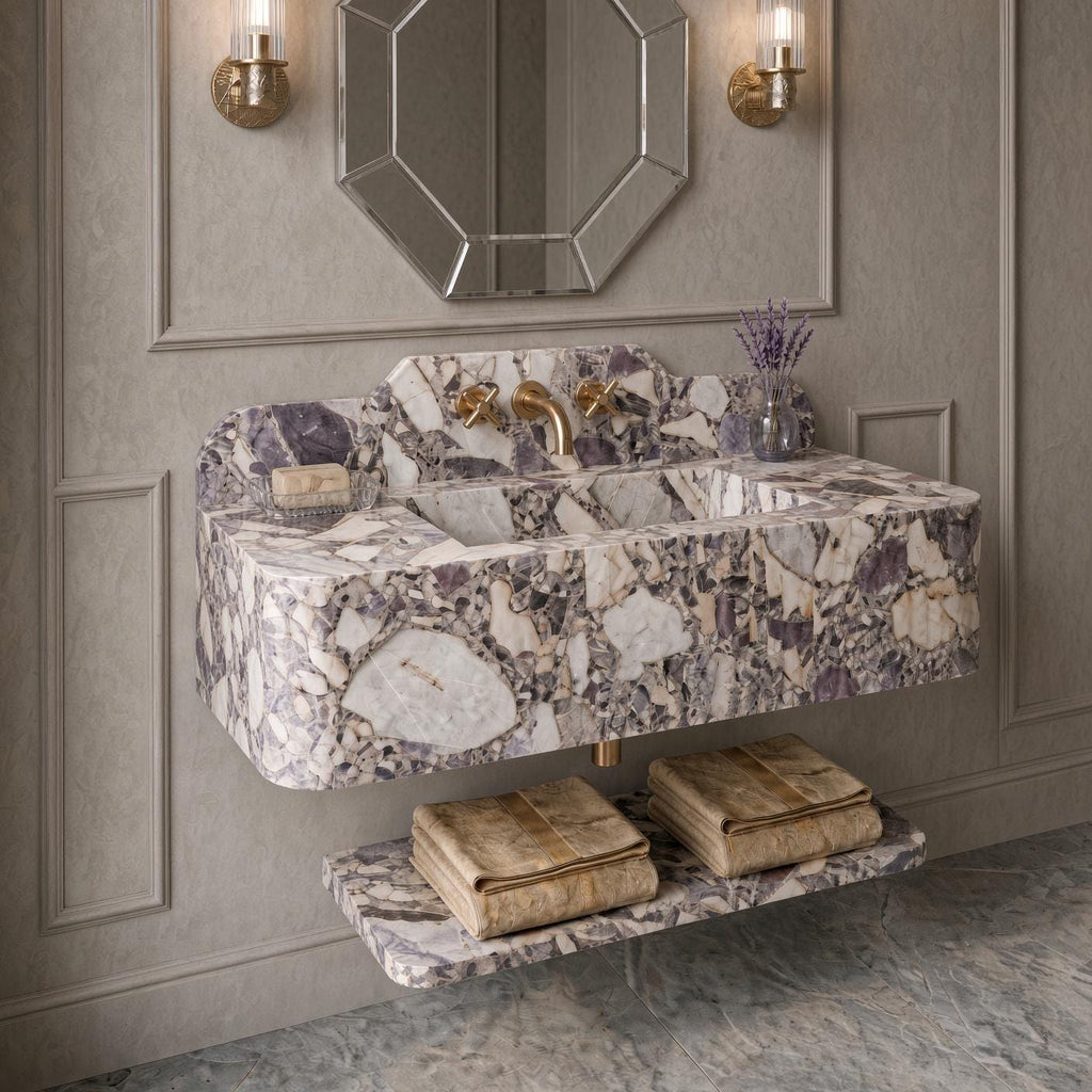 Calacatta Viola Breccia Marble Vanity | Wall-Mounted Sink, Backsplash, Shelf (Luxury Bathroom)
