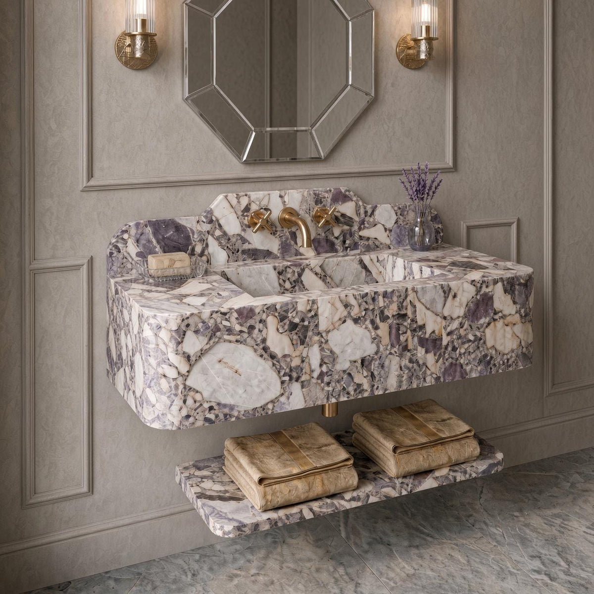 Calacatta Viola Breccia Marble Vanity | Wall-Mounted Sink, Backsplash, Shelf (Luxury Bathroom)