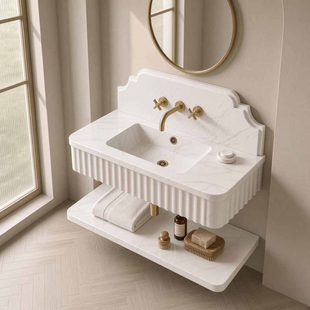 Calacatta White Marble Wall Mounted Floating Vanity | Fluted Stone Sink Backsplash and Shelf