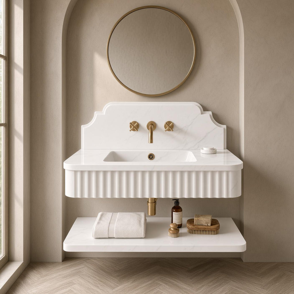 Calacatta White Marble Wall Mounted Floating Vanity | Fluted Stone Sink Backsplash and Shelf