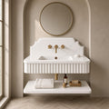 Calacatta White Marble Wall Mounted Floating Vanity | Fluted Stone Sink Backsplash and Shelf