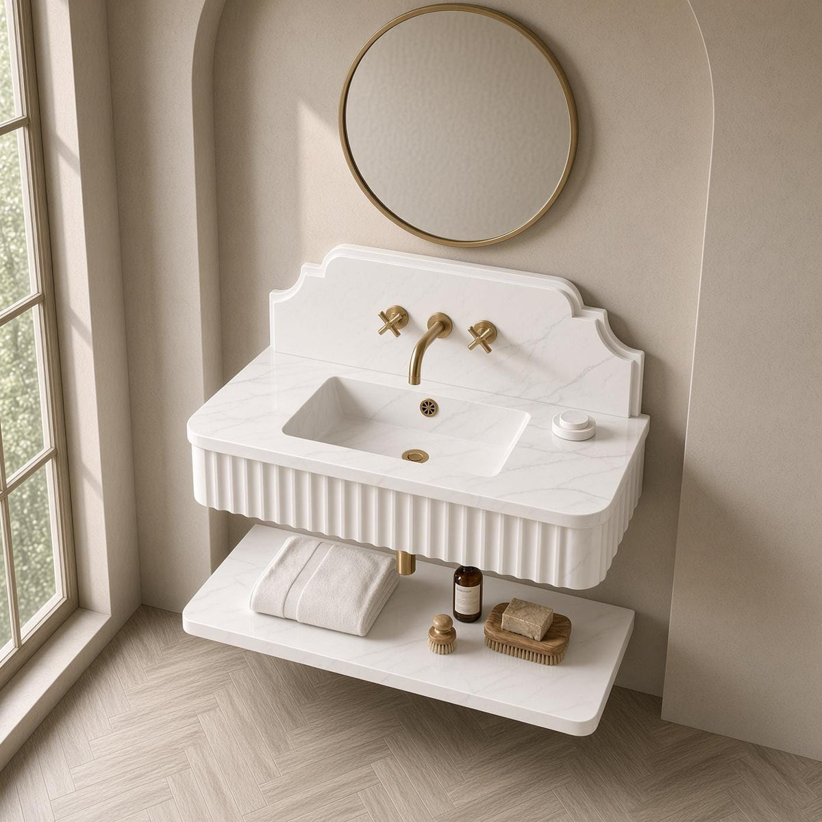 Calacatta White Marble Wall Mounted Floating Vanity | Fluted Stone Sink Backsplash and Shelf