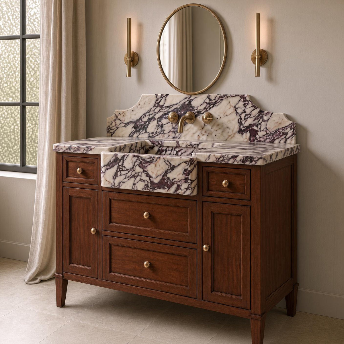 Calacatta Viola Marble Bathroom Vanity | Apron Farmhouse Sink | Mahogany Wood Cabinet | Brass Gold Hardware