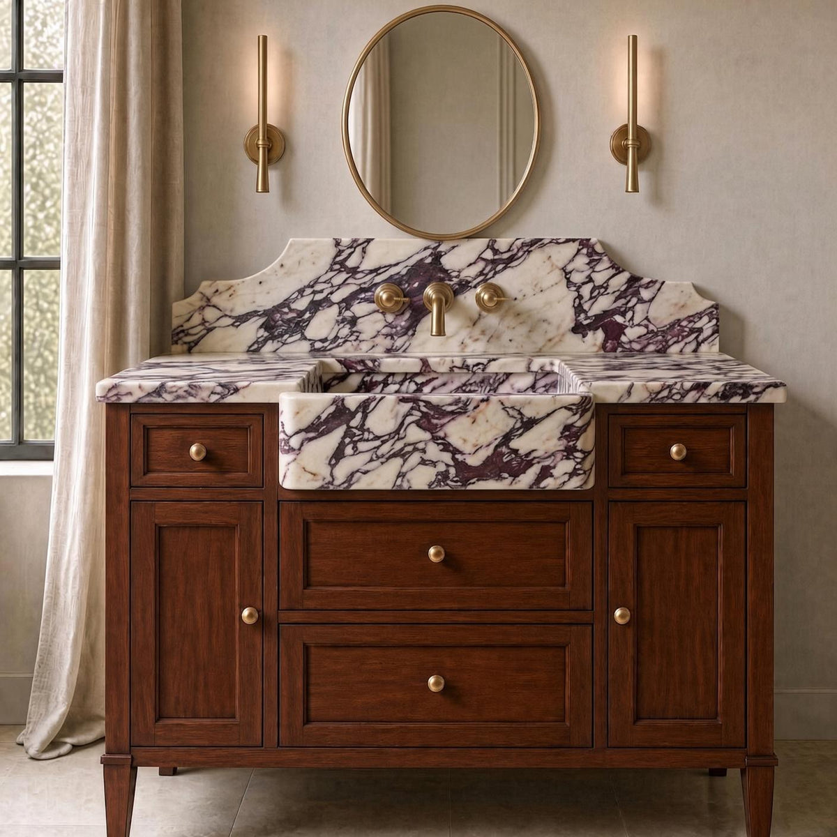 Calacatta Viola Marble Bathroom Vanity | Apron Farmhouse Sink | Mahogany Wood Cabinet | Brass Gold Hardware