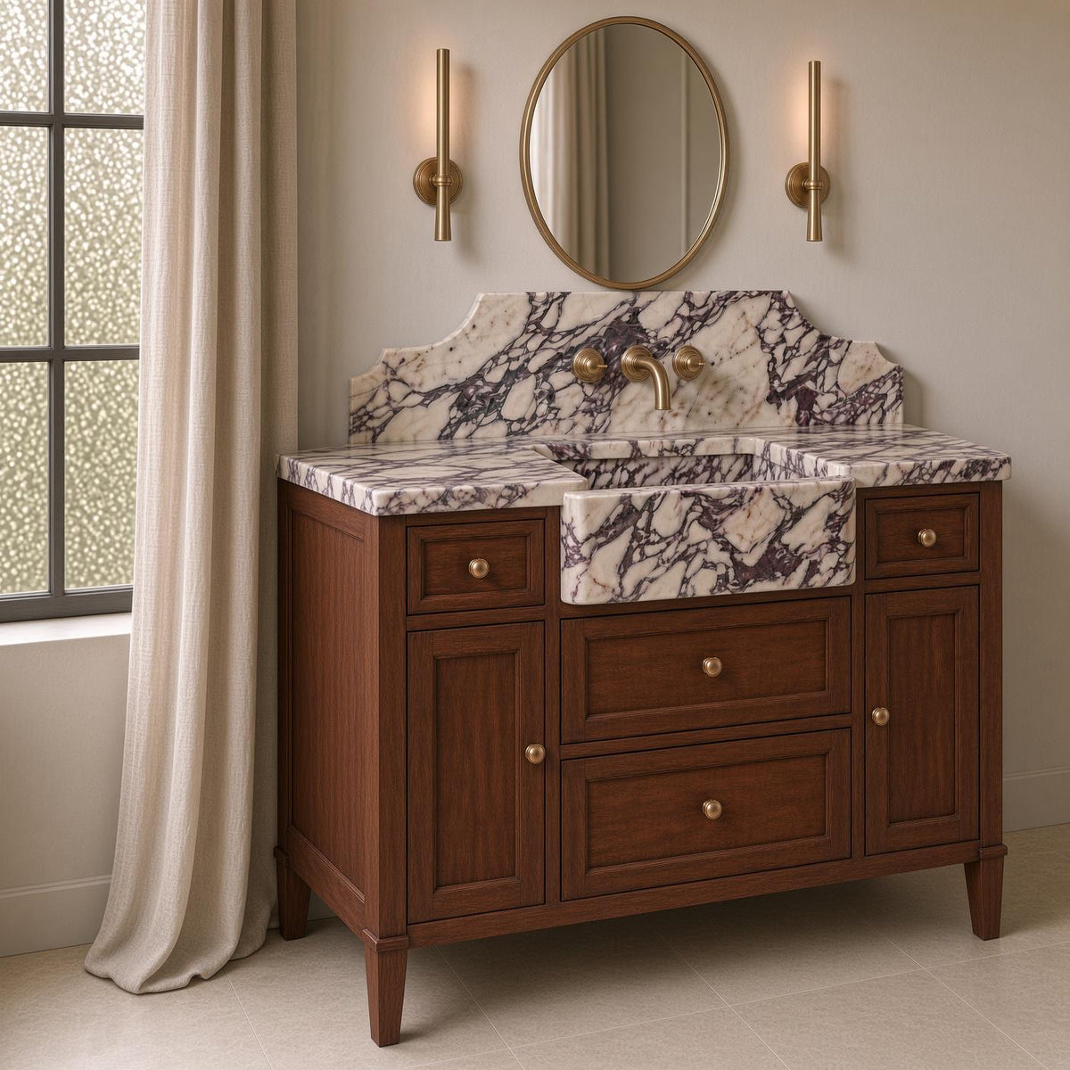 Calacatta Viola Marble Bathroom Vanity | Apron Farmhouse Sink | Mahogany Wood Cabinet | Brass Gold Hardware