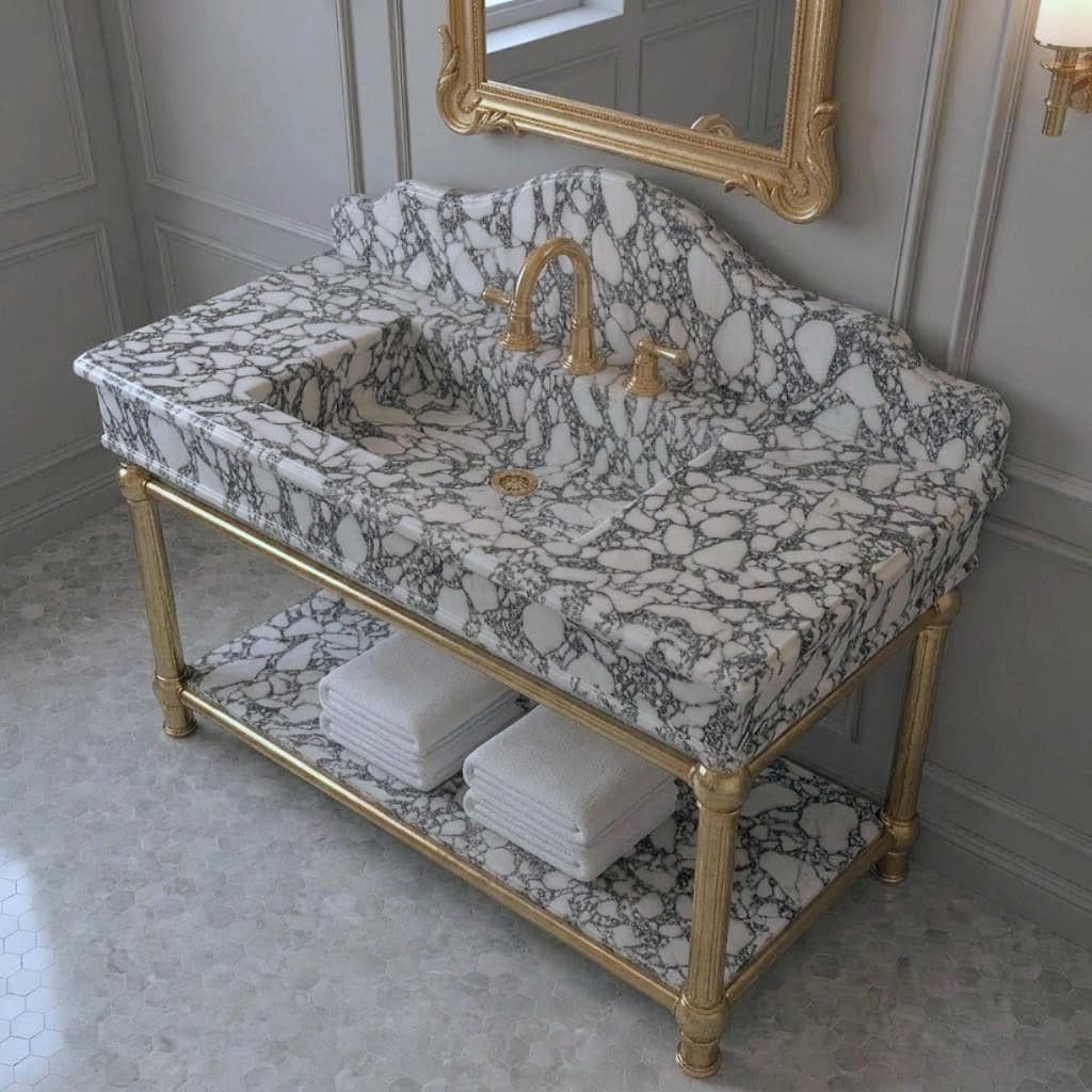 Calacatta Viola Marble Sink Vanity, Brass Console Stand, Luxury Bathroom Washbasin with Backsplash