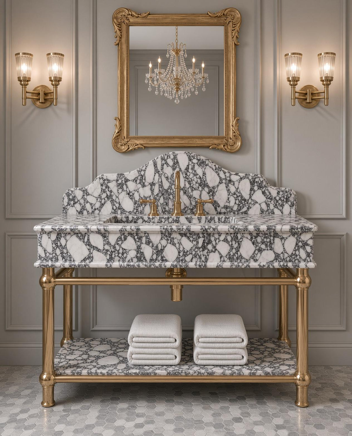 Calacatta Viola Marble Sink Vanity, Brass Console Stand, Luxury Bathroom Washbasin with Backsplash