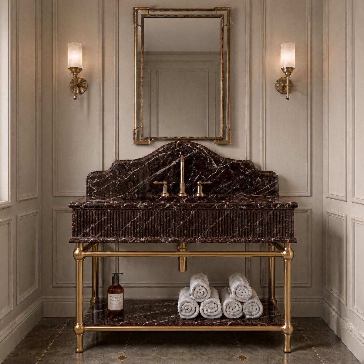 Rosso Levanto Marble Console Sink | Brass Legs Fluted Vanity | Gold Faucet Bathroom Washstand