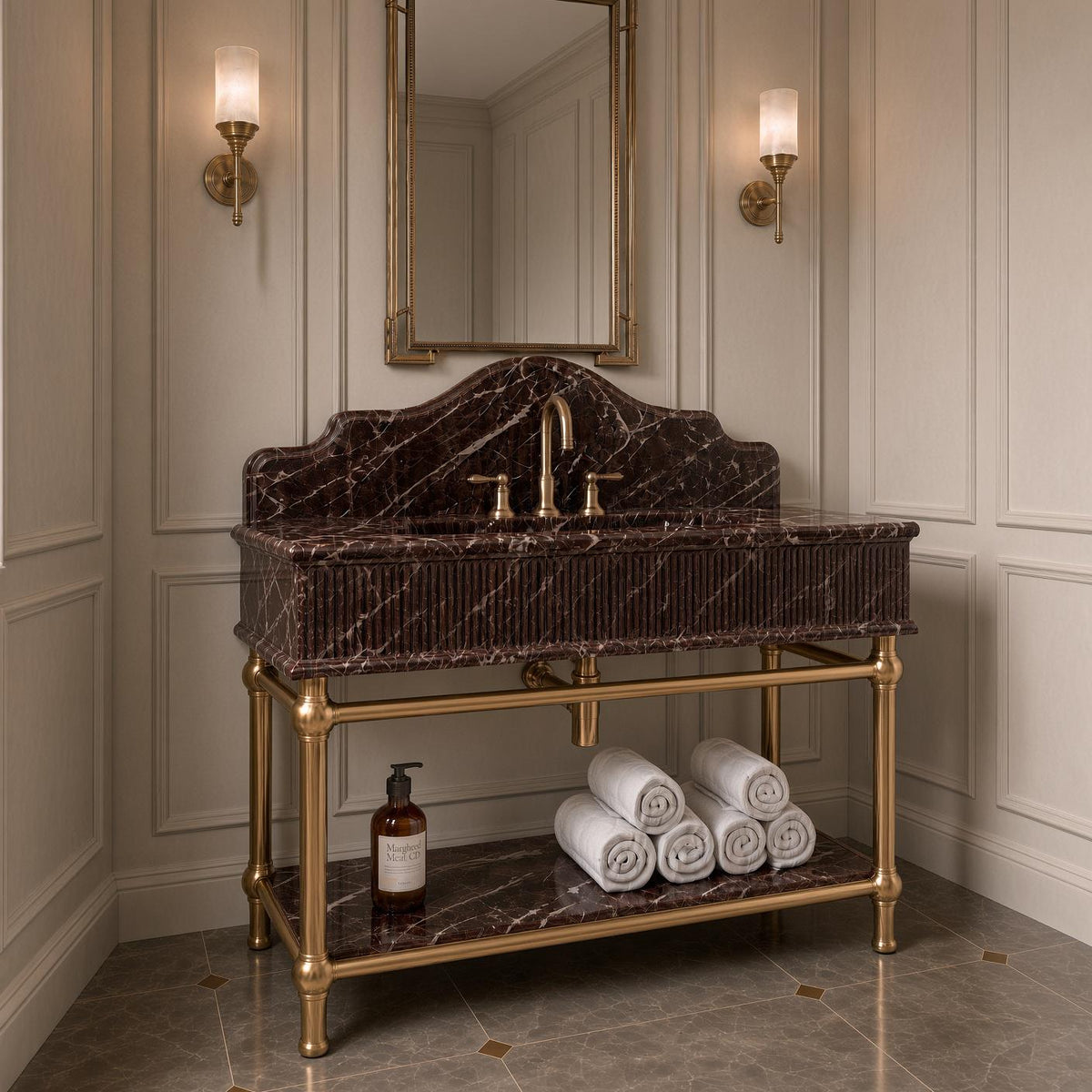 Rosso Levanto Marble Console Sink | Brass Legs Fluted Vanity | Gold Faucet Bathroom Washstand