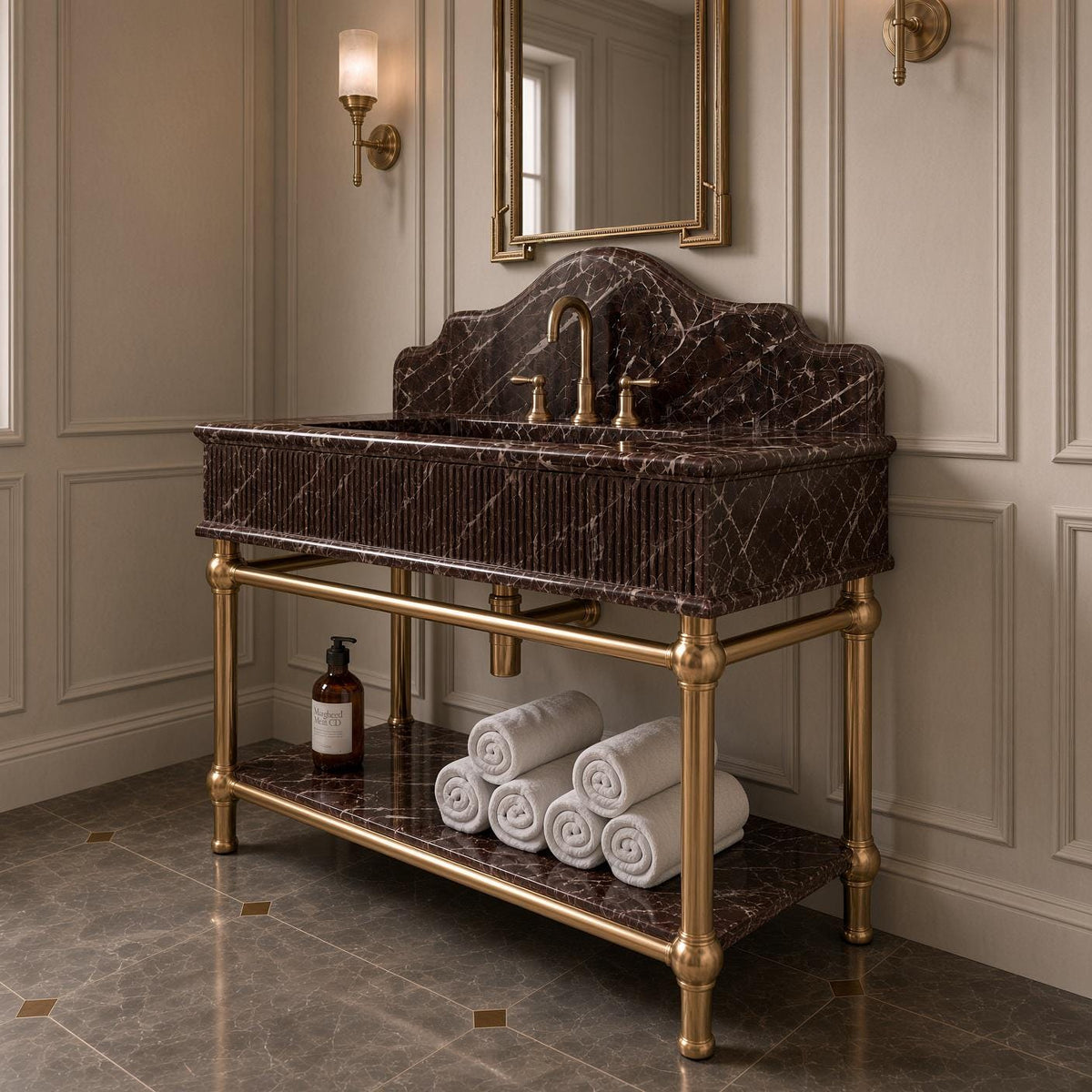 Rosso Levanto Marble Console Sink | Brass Legs Fluted Vanity | Gold Faucet Bathroom Washstand