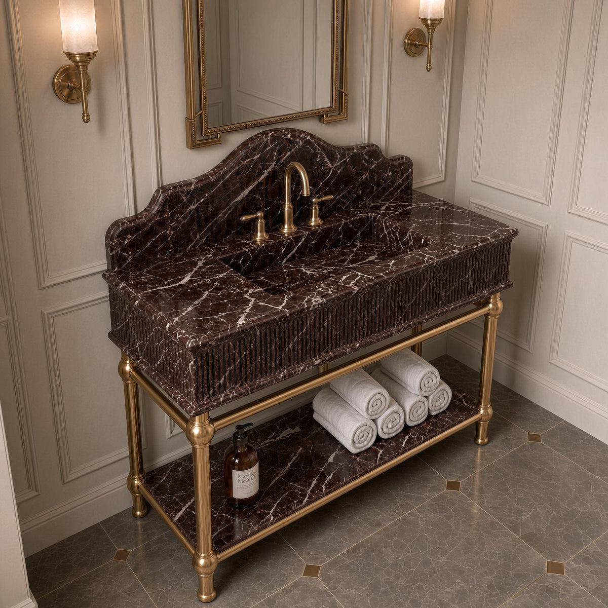 Rosso Levanto Marble Console Sink | Brass Legs Fluted Vanity | Gold Faucet Bathroom Washstand