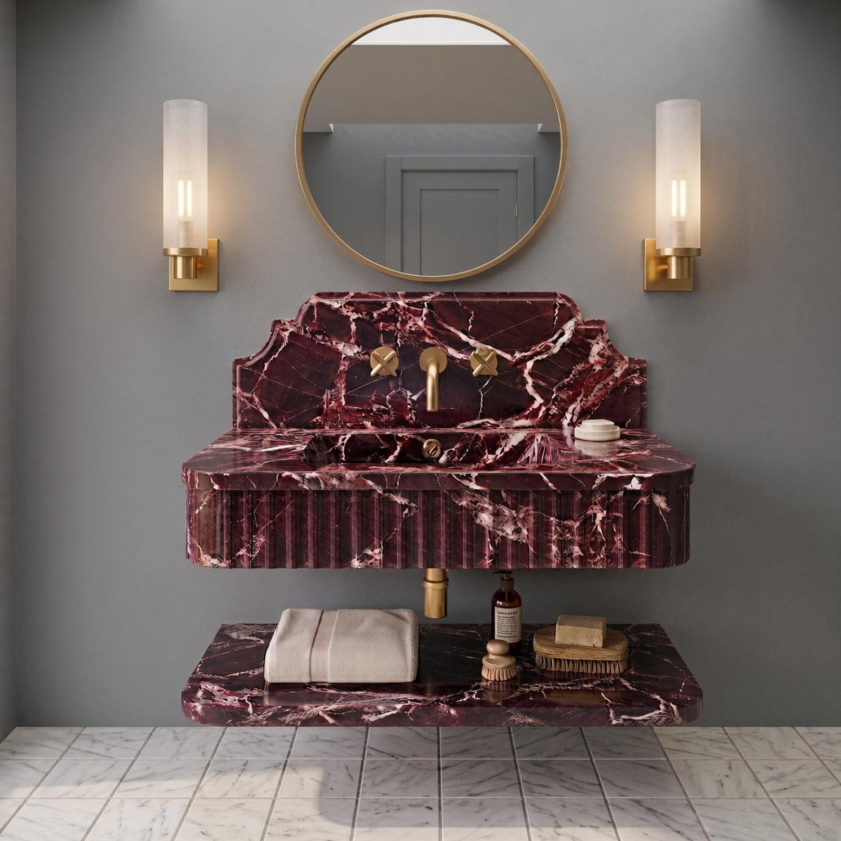 Handcrafted Rosso Levanto Marble Vanity, Fluted Apron, Wall-Mounted Sink (Calacatta White)