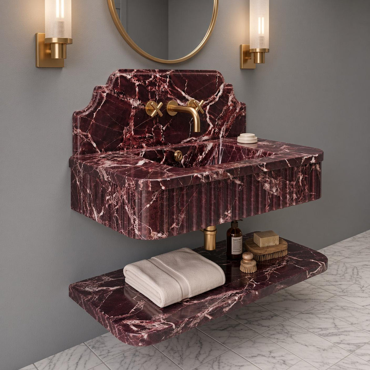 Handcrafted Rosso Levanto Marble Vanity, Fluted Apron, Wall-Mounted Sink (Calacatta White)