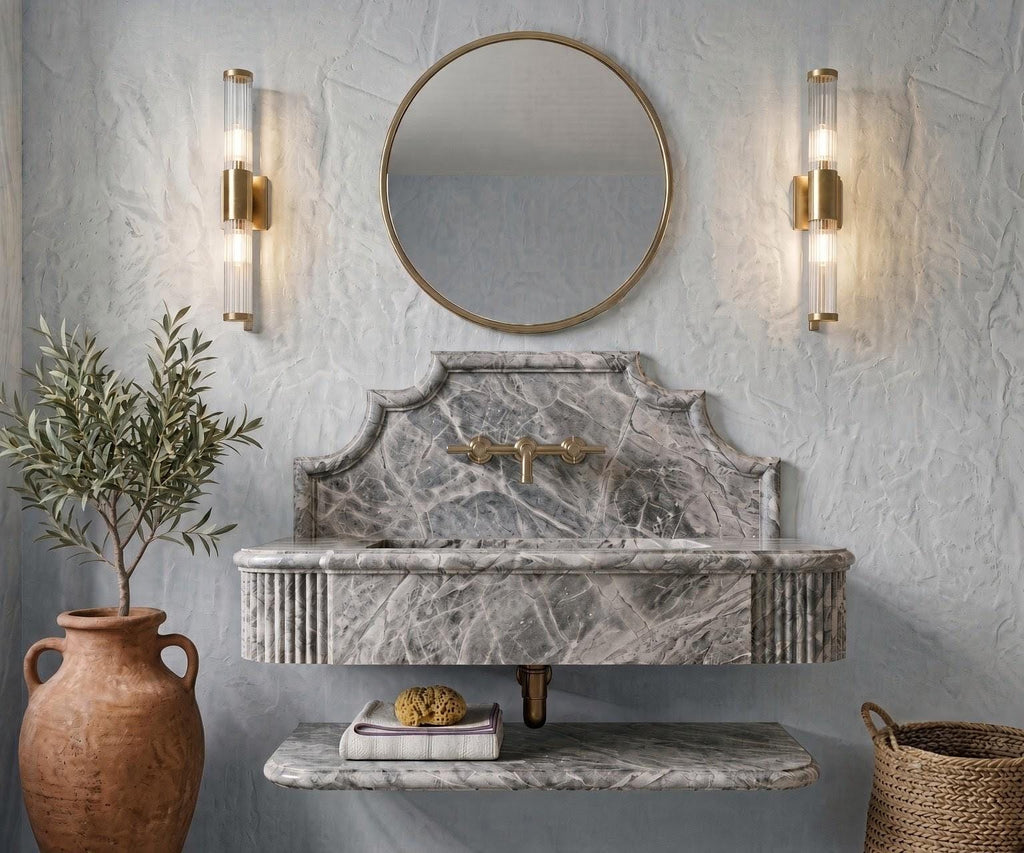 Grey Marble Floating Vanity, Fluted Apron, Powder Room Sink (Custom)